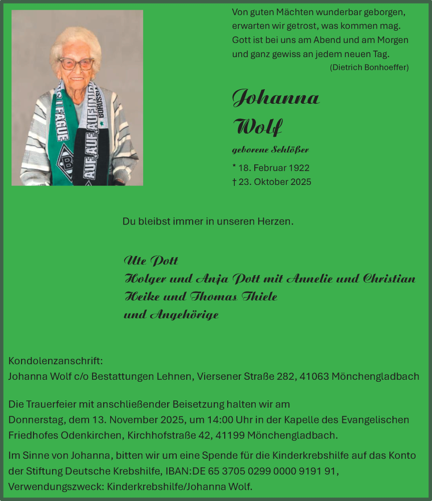  Traueranzeige für Johanna Wolf vom 09.11.2025 aus trauer.panorama-anzeigenblatt.de