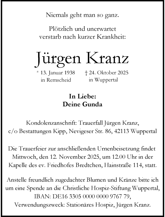 Traueranzeige von Jürgen Kranz von trauer.wuppertaler-rundschau.de