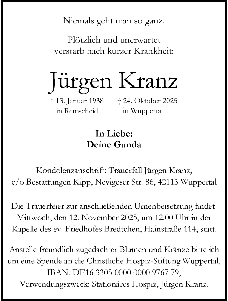  Traueranzeige für Jürgen Kranz vom 08.11.2025 aus trauer.wuppertaler-rundschau.de