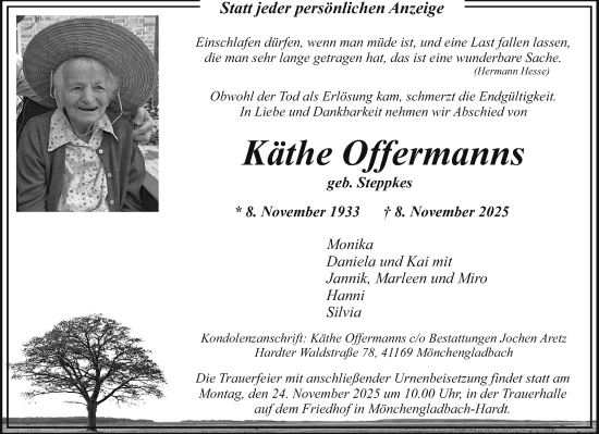 Traueranzeige von Käthe Offermanns von trauer.panorama-anzeigenblatt.de