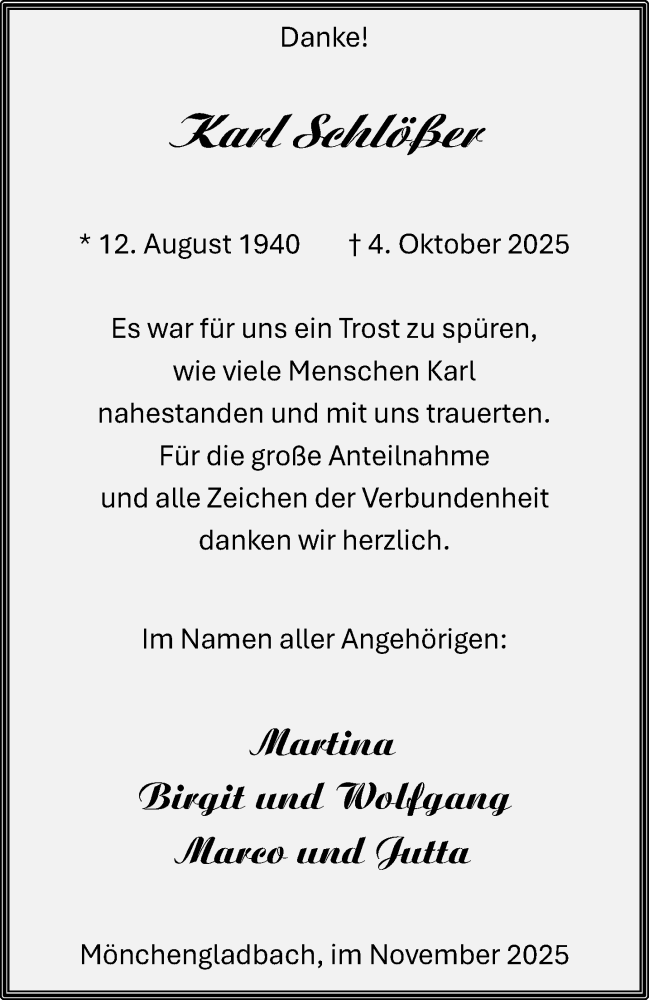  Traueranzeige für Karl Schlößer vom 09.11.2025 aus trauer.panorama-anzeigenblatt.de