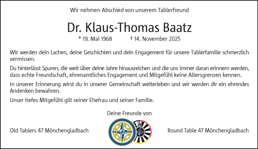  Traueranzeige für Klaus-Thomas Baatz vom 30.11.2025 aus trauer.panorama-anzeigenblatt.de