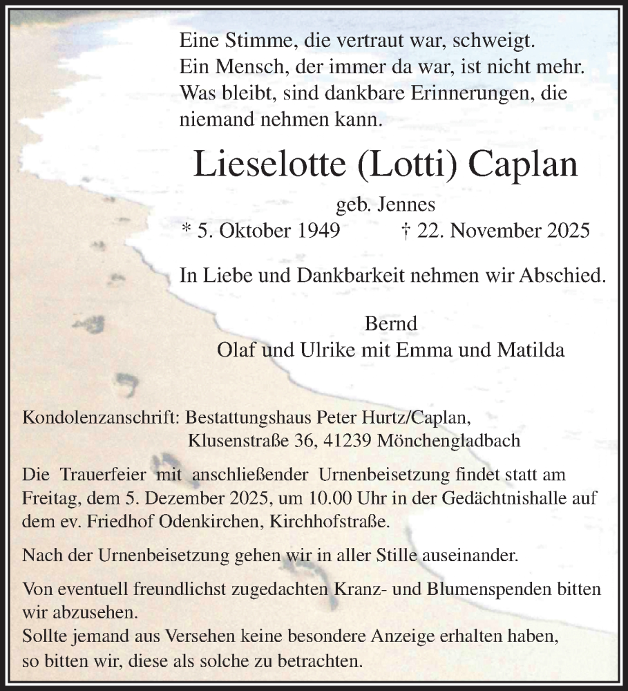 Traueranzeige für Lieselotte Caplan vom 30.11.2025 aus trauer.panorama-anzeigenblatt.de