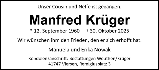 Traueranzeige von Manfred Krüger von trauer.panorama-anzeigenblatt.de