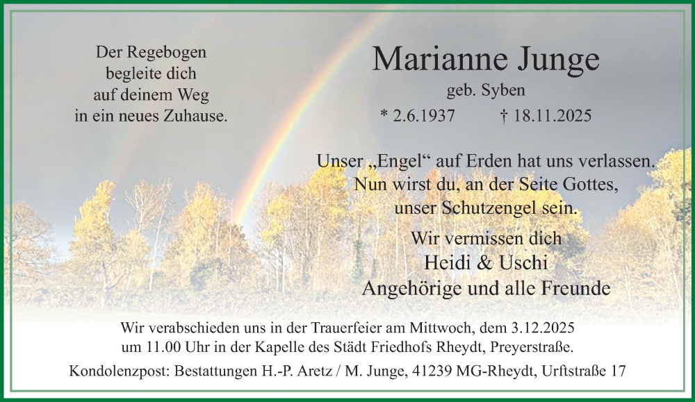  Traueranzeige für Marianne Junge vom 23.11.2025 aus trauer.panorama-anzeigenblatt.de