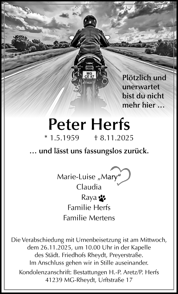  Traueranzeige für Peter Herfs vom 16.11.2025 aus trauer.panorama-anzeigenblatt.de