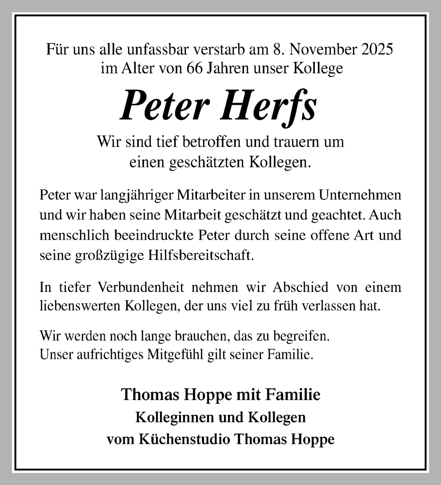  Traueranzeige für Peter Herfs vom 16.11.2025 aus trauer.panorama-anzeigenblatt.de