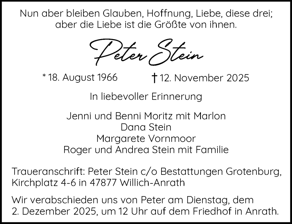  Traueranzeige für Peter Stein vom 23.11.2025 aus trauer.panorama-anzeigenblatt.de