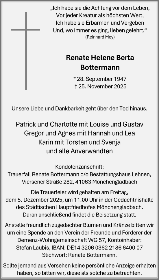 Traueranzeige von Renate Helene Berta Bottermann von trauer.panorama-anzeigenblatt.de