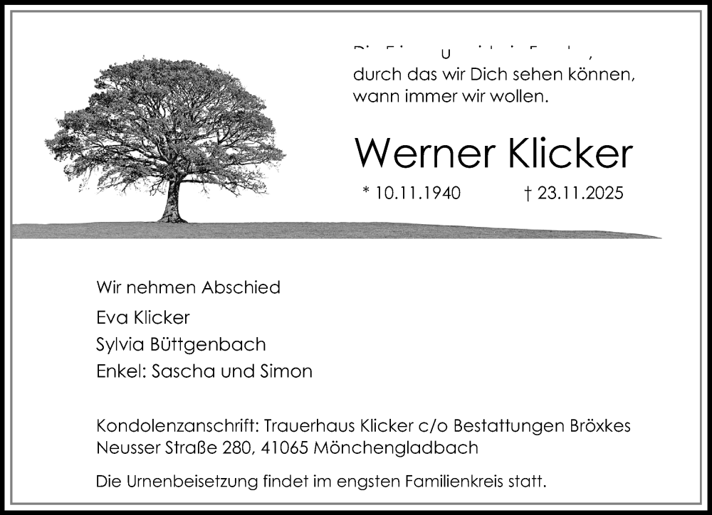  Traueranzeige für Werner Klicker vom 30.11.2025 aus trauer.panorama-anzeigenblatt.de
