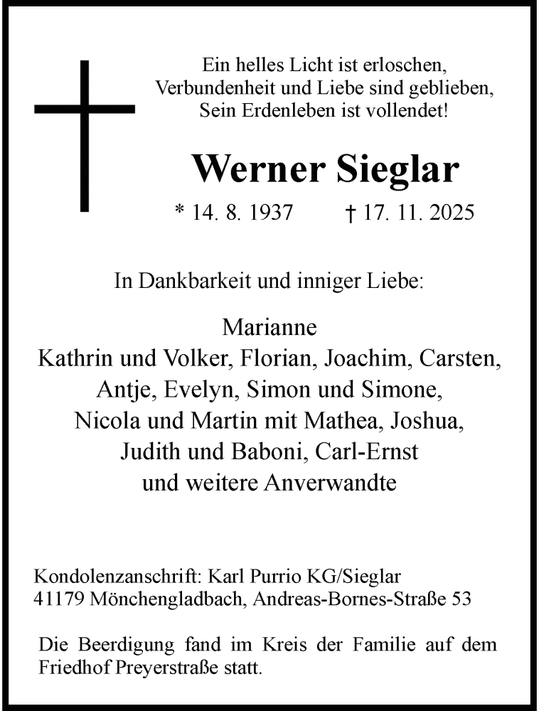  Traueranzeige für Werner Sieglar vom 30.11.2025 aus trauer.panorama-anzeigenblatt.de