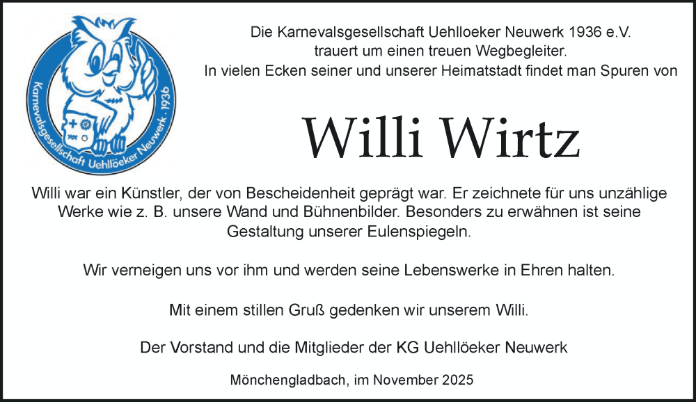  Traueranzeige für Willi Wirtz vom 23.11.2025 aus trauer.panorama-anzeigenblatt.de