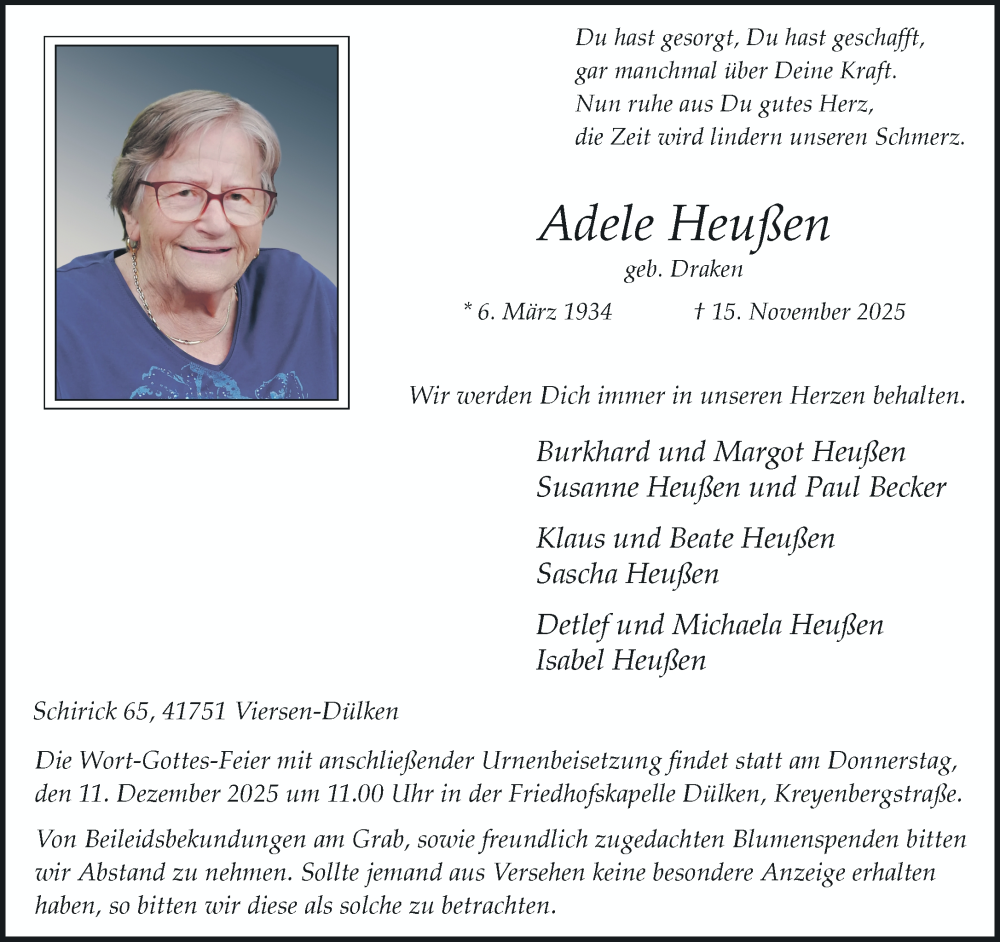  Traueranzeige für Adele Heußen vom 07.12.2025 aus trauer.panorama-anzeigenblatt.de