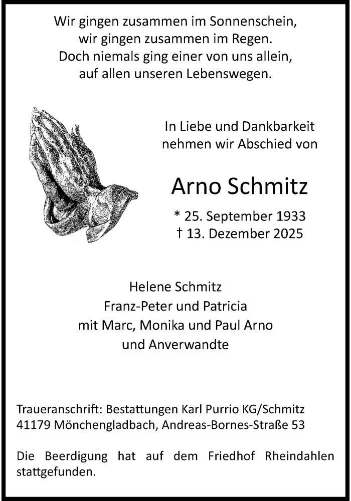  Traueranzeige für Arno Schmitz vom 21.12.2025 aus trauer.panorama-anzeigenblatt.de