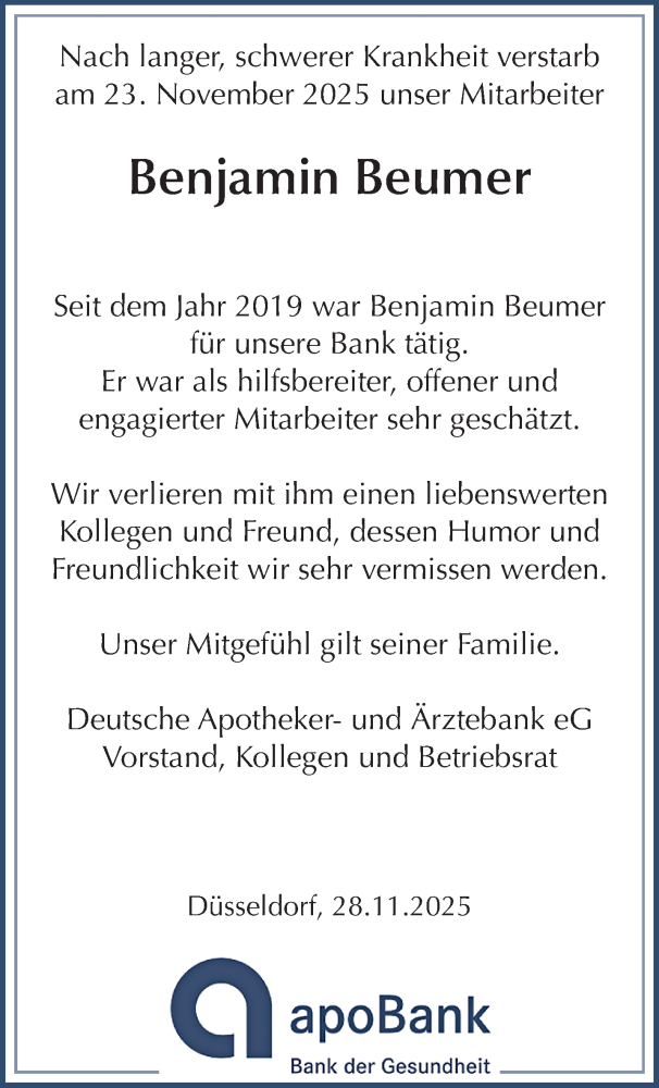  Traueranzeige für Benjamin Beumer vom 07.12.2025 aus trauer.panorama-anzeigenblatt.de