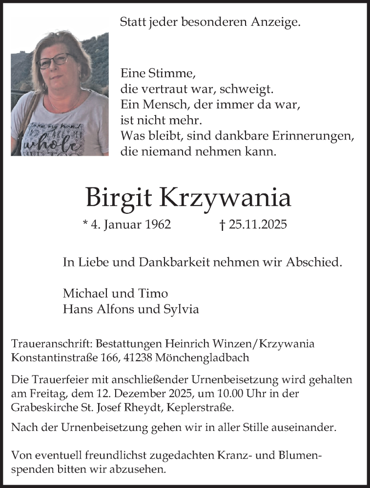  Traueranzeige für Birgit Krzywania vom 07.12.2025 aus trauer.panorama-anzeigenblatt.de