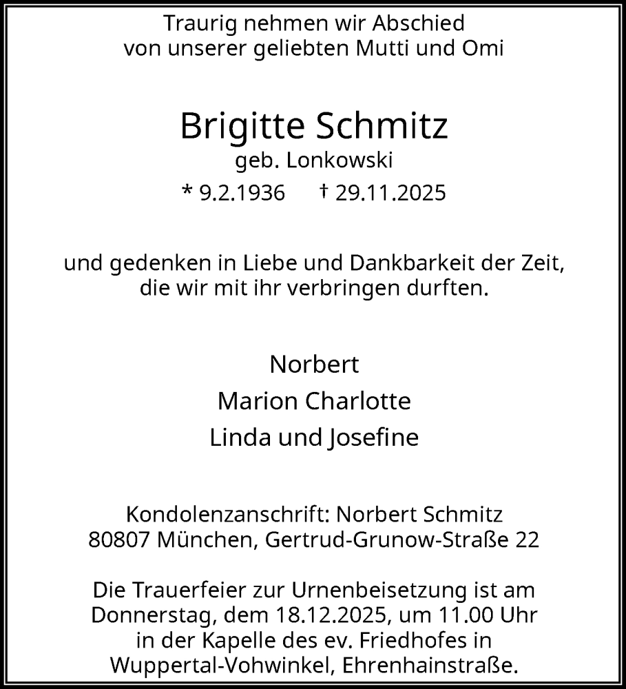  Traueranzeige für Brigitte Schmitz vom 13.12.2025 aus trauer.wuppertaler-rundschau.de