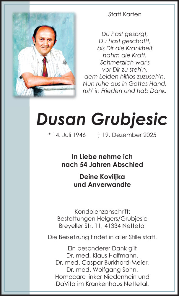  Traueranzeige für Dusan Grubjesic vom 28.12.2025 aus trauer.panorama-anzeigenblatt.de