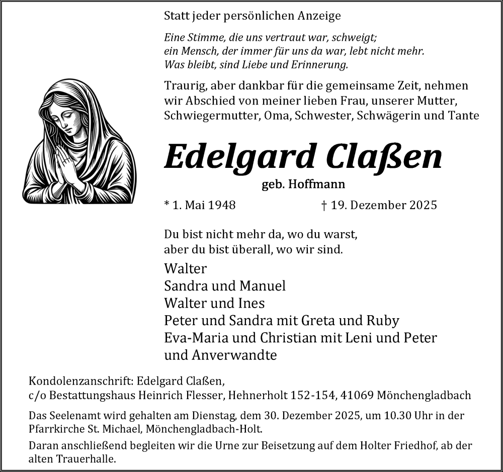  Traueranzeige für Edelgard Claßen vom 28.12.2025 aus trauer.panorama-anzeigenblatt.de