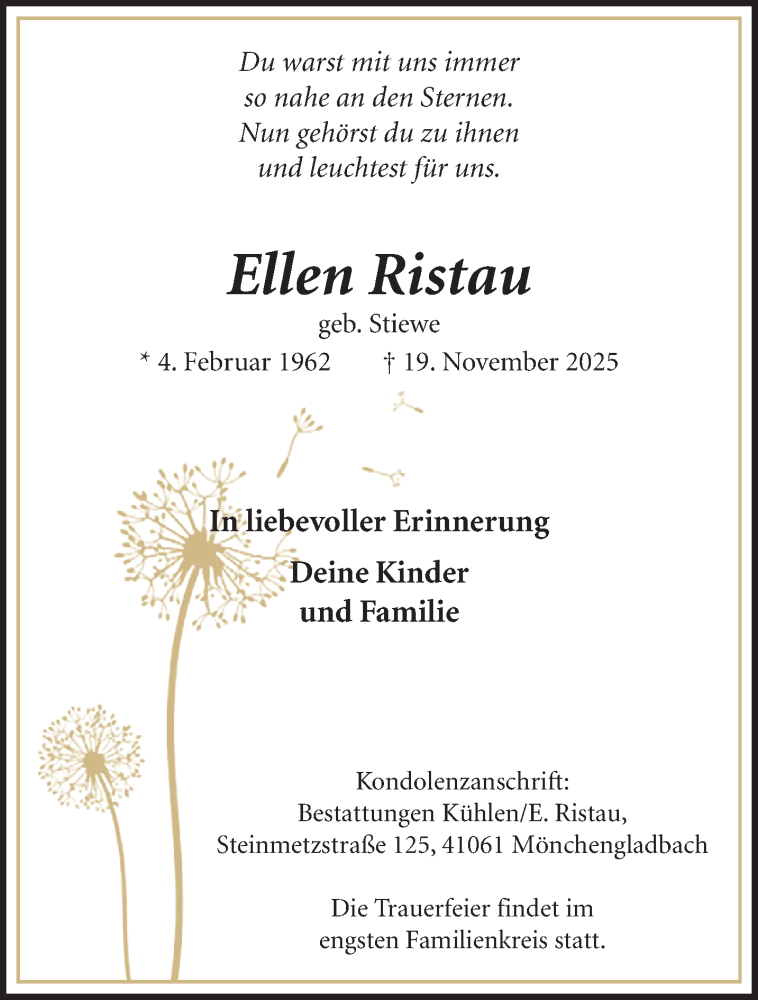  Traueranzeige für Ellen Ristau vom 07.12.2025 aus trauer.panorama-anzeigenblatt.de