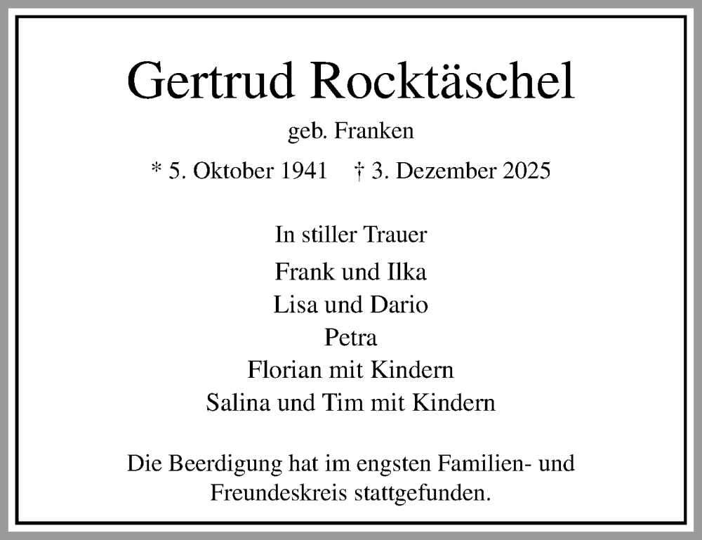  Traueranzeige für Gertrud Rocktäschel vom 21.12.2025 aus trauer.panorama-anzeigenblatt.de