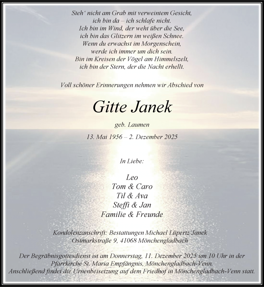  Traueranzeige für Gitte Janek vom 07.12.2025 aus trauer.panorama-anzeigenblatt.de