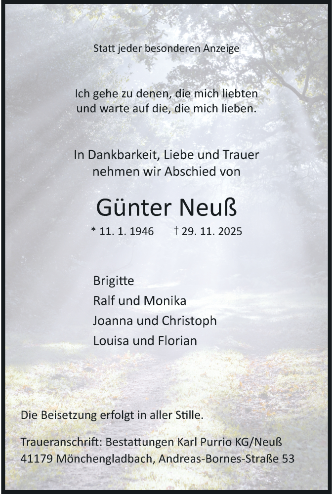  Traueranzeige für Günter Neuß vom 07.12.2025 aus trauer.panorama-anzeigenblatt.de