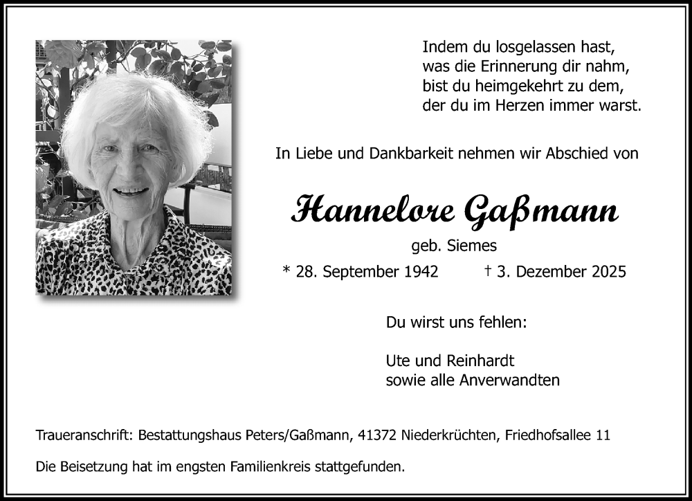  Traueranzeige für Hannelore Gaßmann vom 21.12.2025 aus trauer.panorama-anzeigenblatt.de