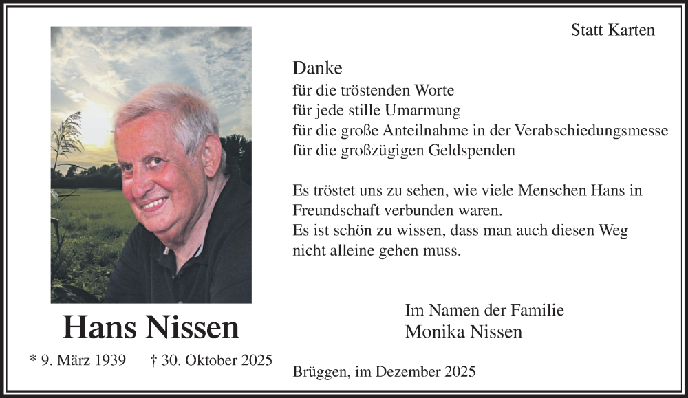  Traueranzeige für Hans Nissen vom 21.12.2025 aus trauer.panorama-anzeigenblatt.de
