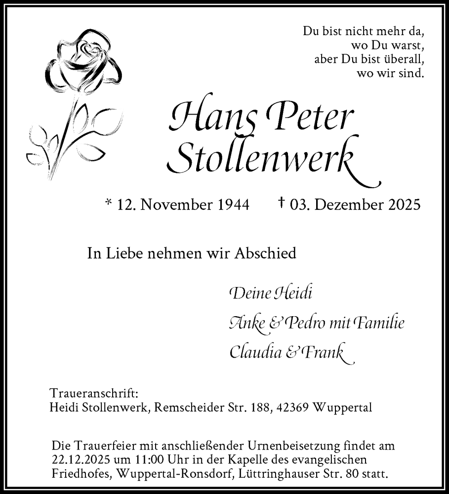  Traueranzeige für Hans Peter Stollenwerk vom 13.12.2025 aus trauer.wuppertaler-rundschau.de
