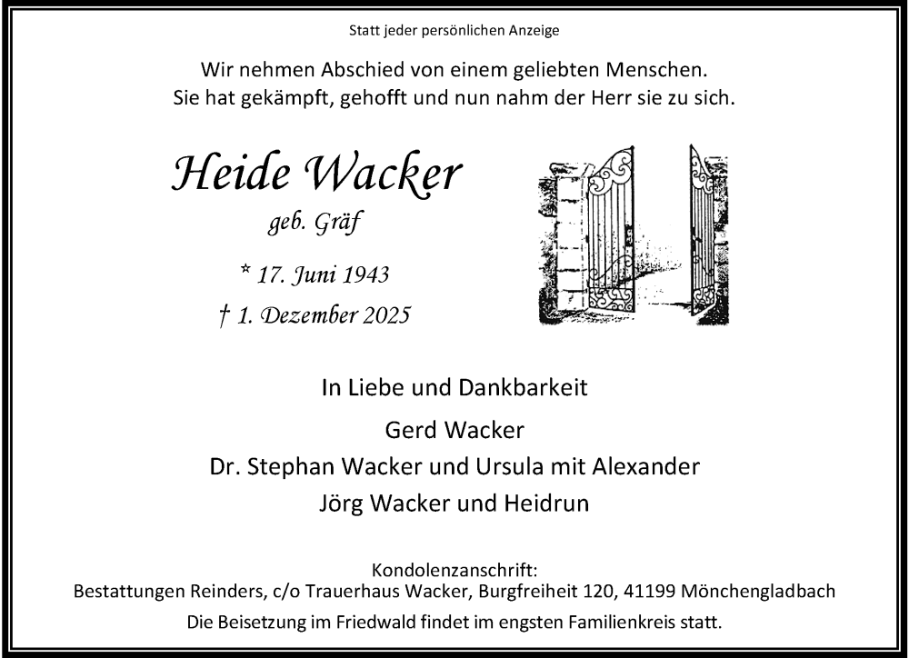  Traueranzeige für Heide Wacker vom 06.12.2025 aus trauer.stadt-kurier.de