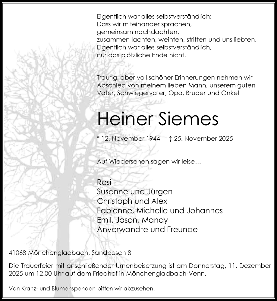  Traueranzeige für Heiner Siemes vom 07.12.2025 aus trauer.panorama-anzeigenblatt.de