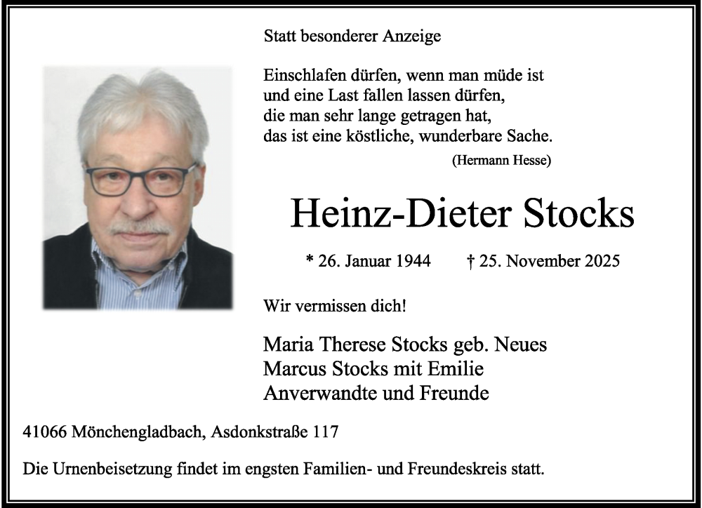  Traueranzeige für Heinz-Dieter Stocks vom 07.12.2025 aus trauer.panorama-anzeigenblatt.de