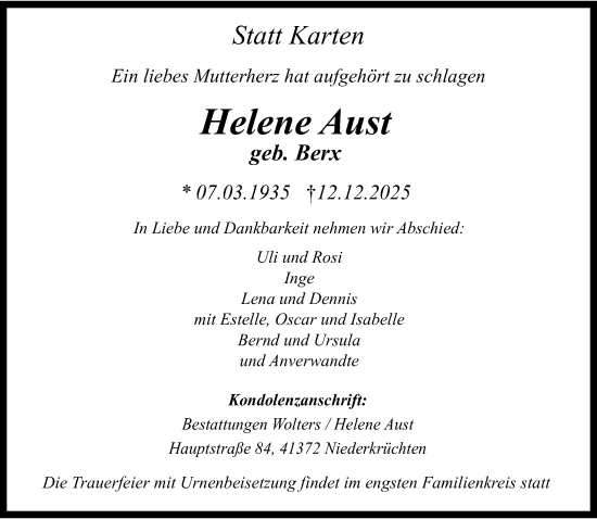 Traueranzeige von Helene Aust von trauer.panorama-anzeigenblatt.de