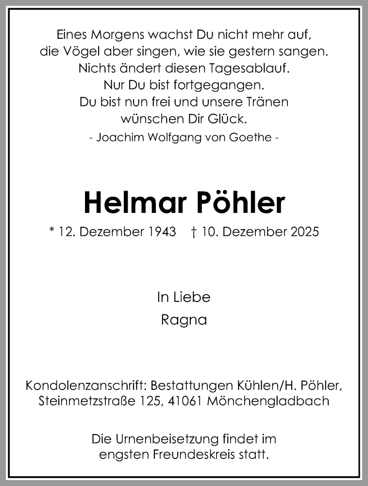  Traueranzeige für Helmar Pöhler vom 21.12.2025 aus trauer.panorama-anzeigenblatt.de