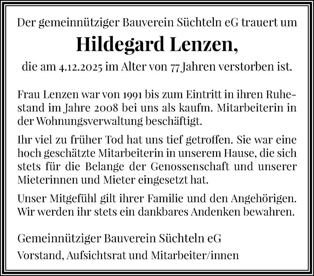  Traueranzeige für Hildegard Lenzen vom 28.12.2025 aus trauer.panorama-anzeigenblatt.de
