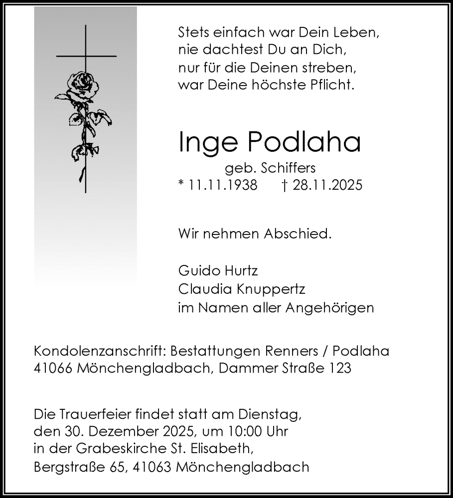  Traueranzeige für Inge Podlaha vom 21.12.2025 aus trauer.panorama-anzeigenblatt.de