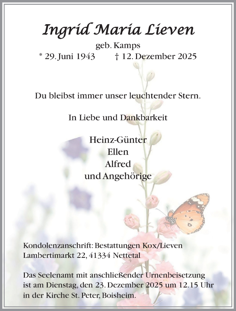  Traueranzeige für Ingrid Maria Lieven vom 21.12.2025 aus trauer.panorama-anzeigenblatt.de