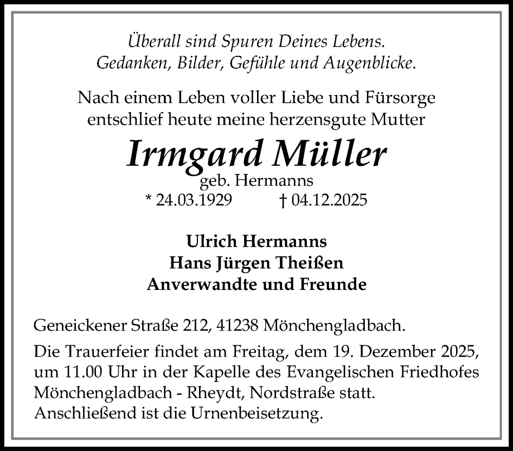  Traueranzeige für Irmgard Müller vom 14.12.2025 aus trauer.panorama-anzeigenblatt.de