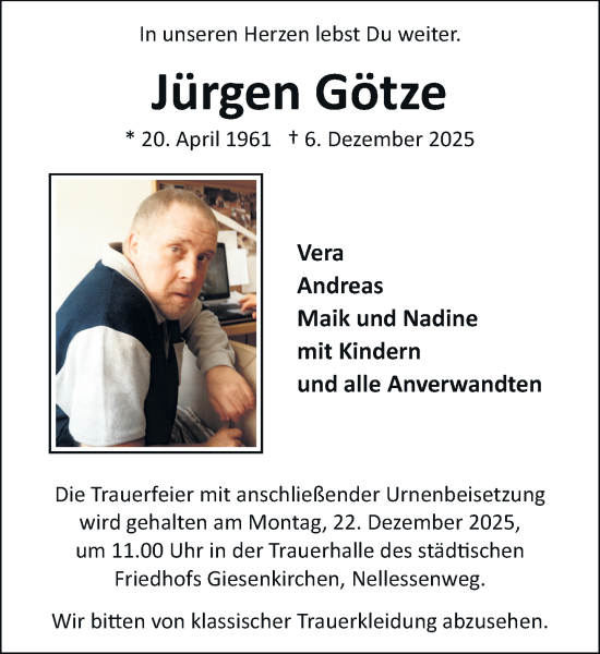 Traueranzeige von Jürgen Götze von trauer.panorama-anzeigenblatt.de