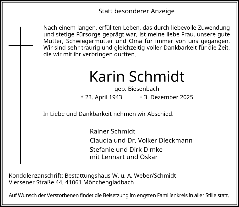 Traueranzeige für Karin Schmidt vom 14.12.2025 aus trauer.panorama-anzeigenblatt.de