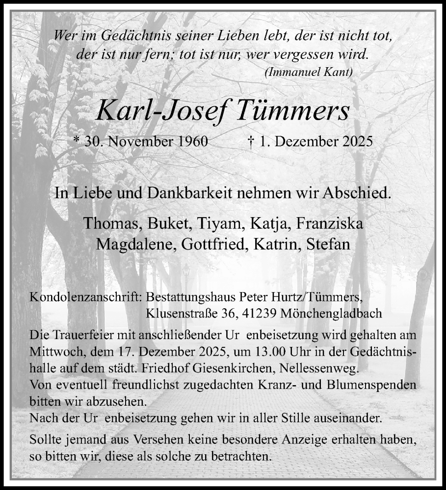  Traueranzeige für Karl-Josef Tümmers vom 07.12.2025 aus trauer.panorama-anzeigenblatt.de