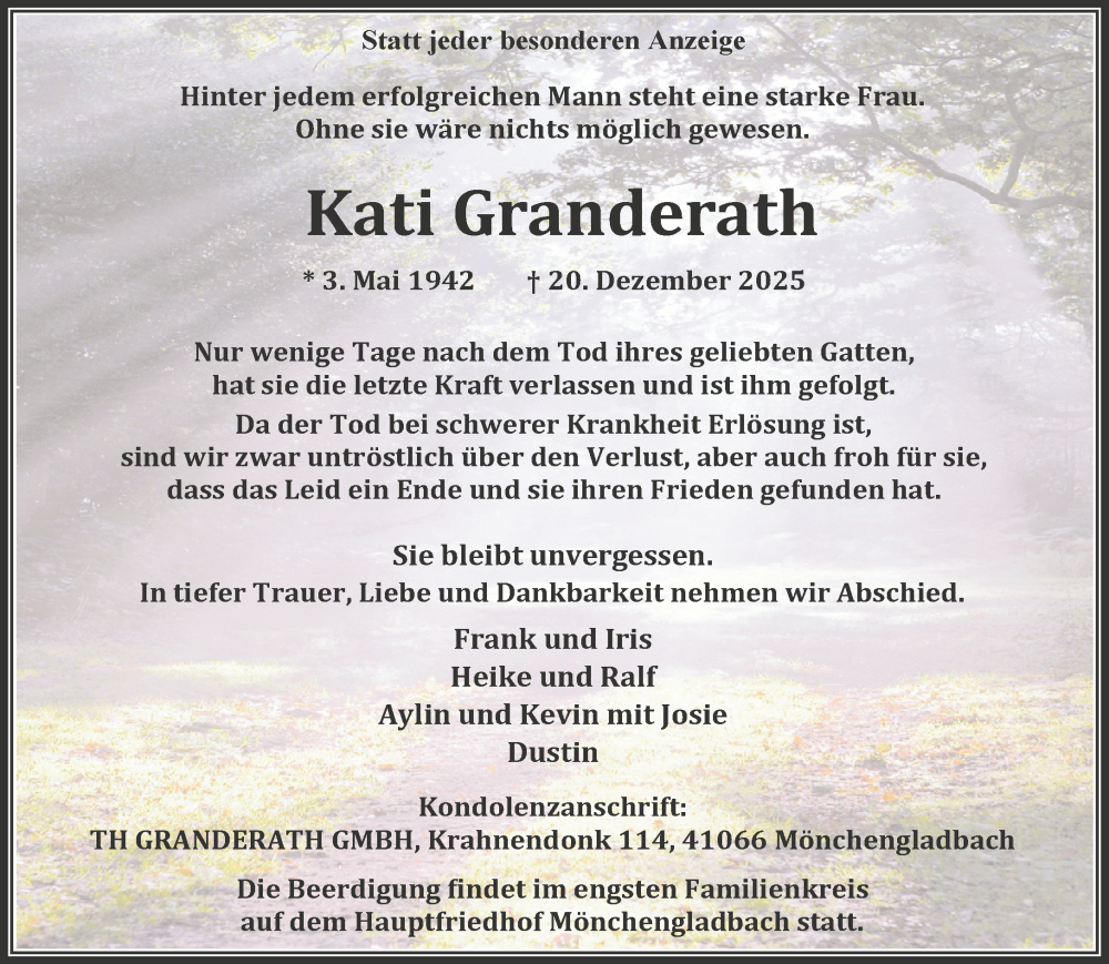  Traueranzeige für Kati Granderath vom 28.12.2025 aus trauer.panorama-anzeigenblatt.de