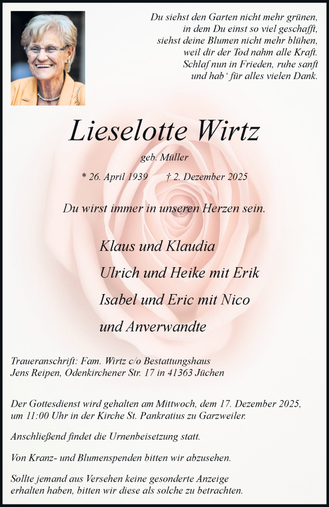  Traueranzeige für Lieselotte Wirtz vom 06.12.2025 aus trauer.stadt-kurier.de
