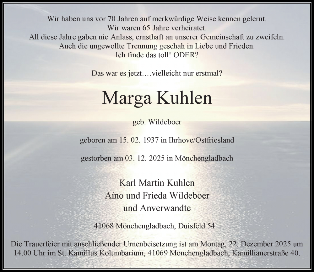  Traueranzeige für Marga Kuhlen vom 14.12.2025 aus trauer.panorama-anzeigenblatt.de