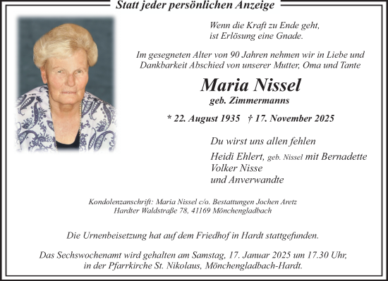 Traueranzeige von Maria Nissel von trauer.panorama-anzeigenblatt.de