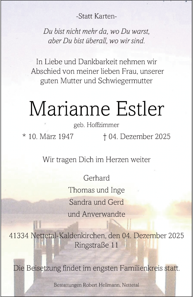  Traueranzeige für Marianne Estler vom 21.12.2025 aus trauer.panorama-anzeigenblatt.de