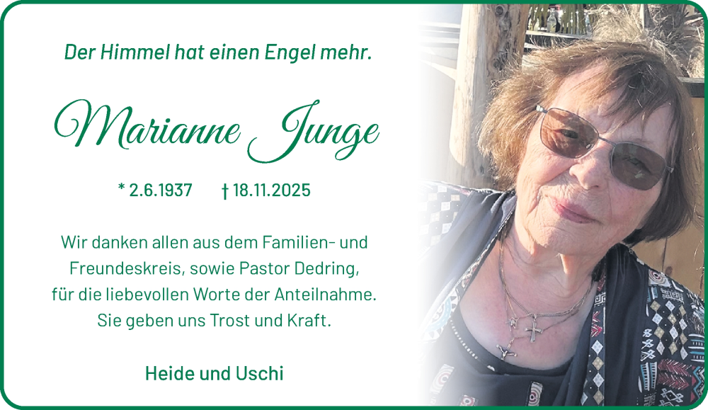  Traueranzeige für Marianne Junge vom 21.12.2025 aus trauer.panorama-anzeigenblatt.de