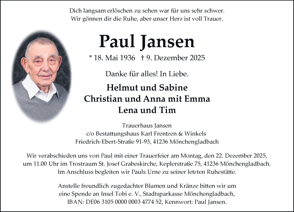  Traueranzeige für Paul Jansen vom 14.12.2025 aus trauer.panorama-anzeigenblatt.de
