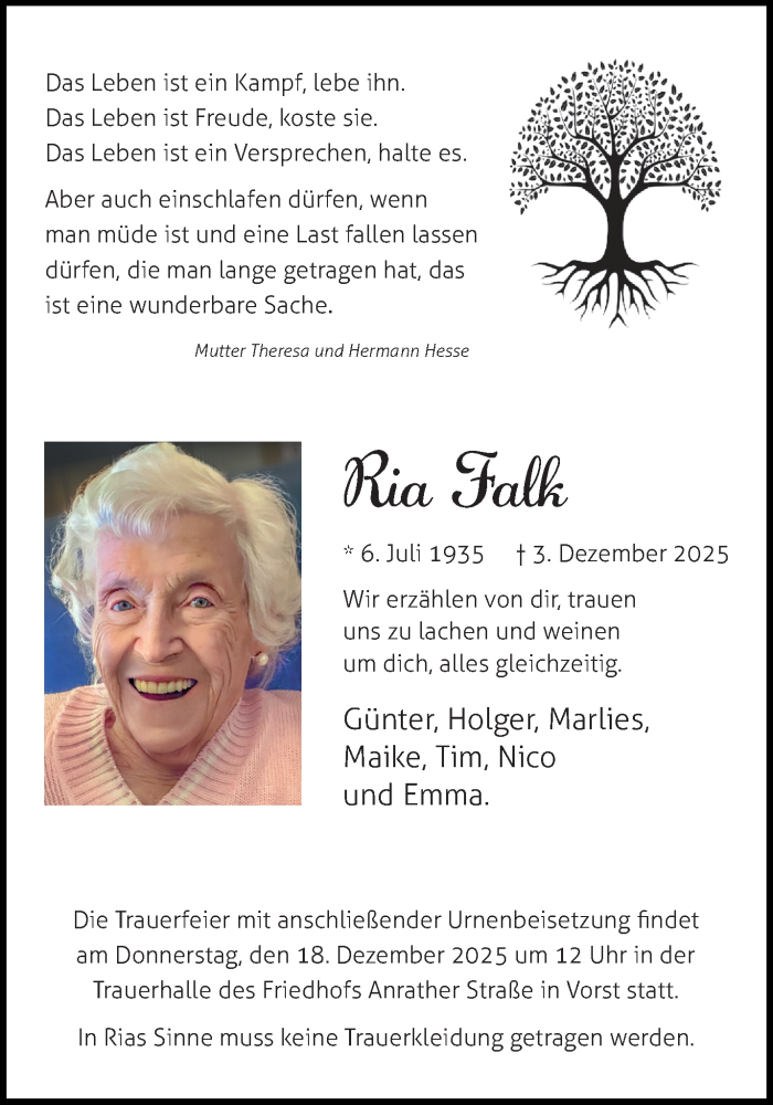  Traueranzeige für Ria Falk vom 14.12.2025 aus trauer.panorama-anzeigenblatt.de